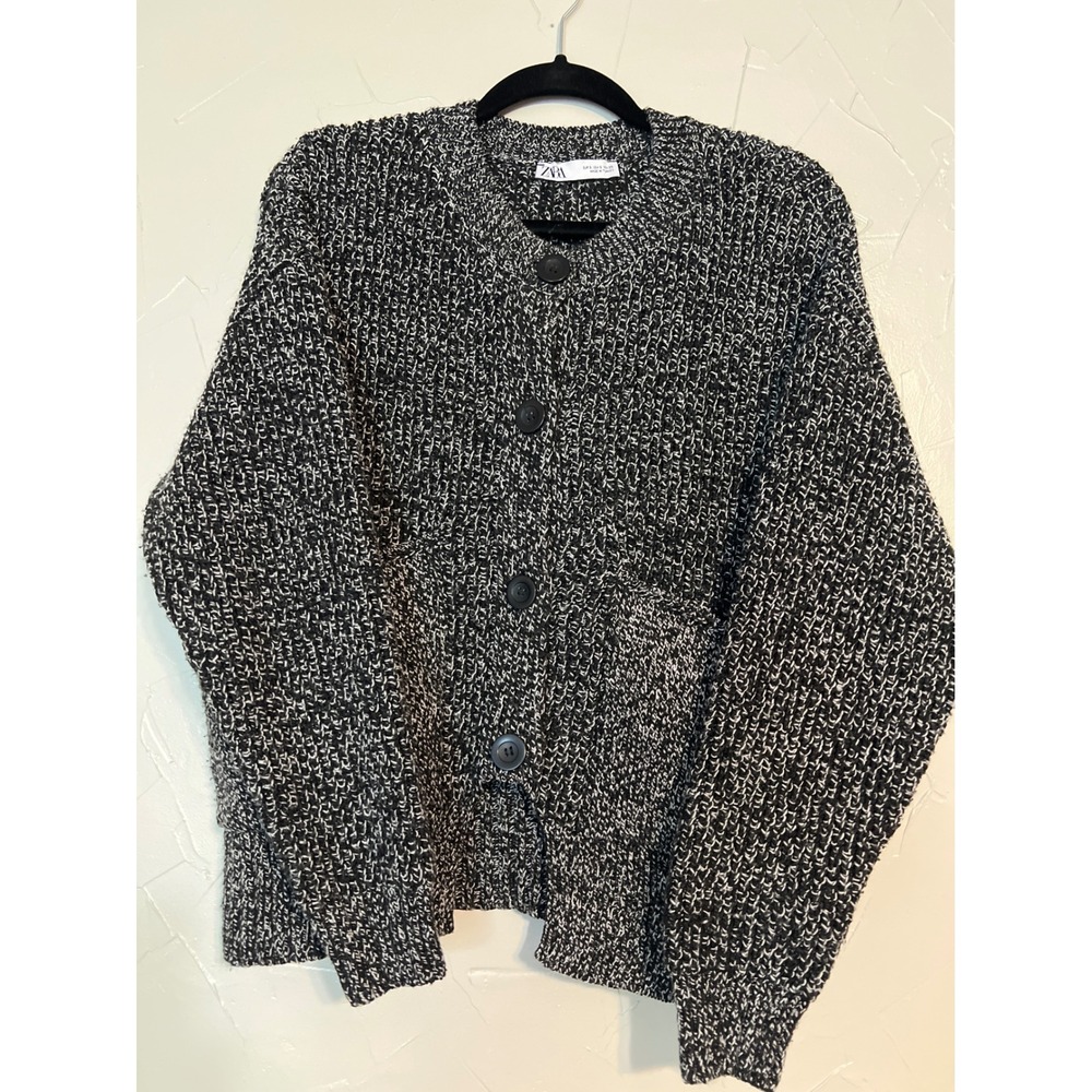 Zara Cardigan Women Small Black White Marled Knit Button Front Excellent Chunky